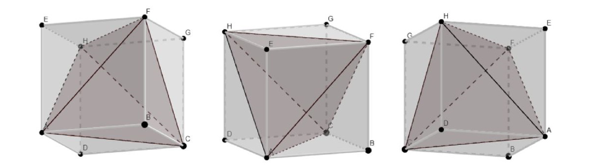 Three views of the cube, each with a tetrahedron formed by cutting obliquely through three of its vertices.