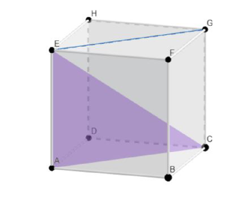 The same cube with triangle AEC shaded, extended to the plane AEGC, showing the intersection with the cube.